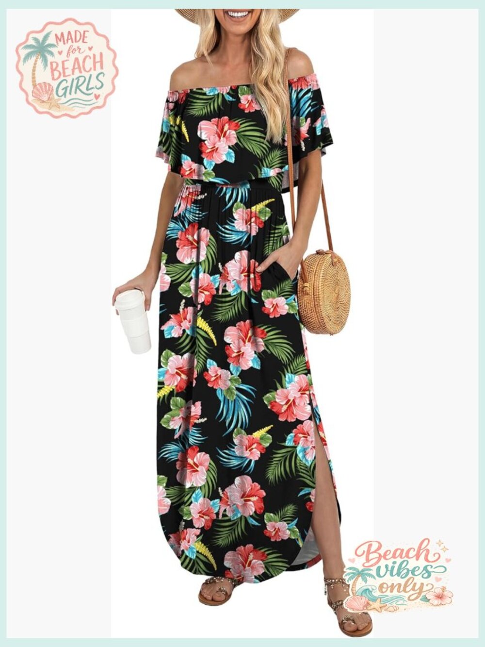 Off Shoulder Ruffle Maxi Dress with Pockets Side Split